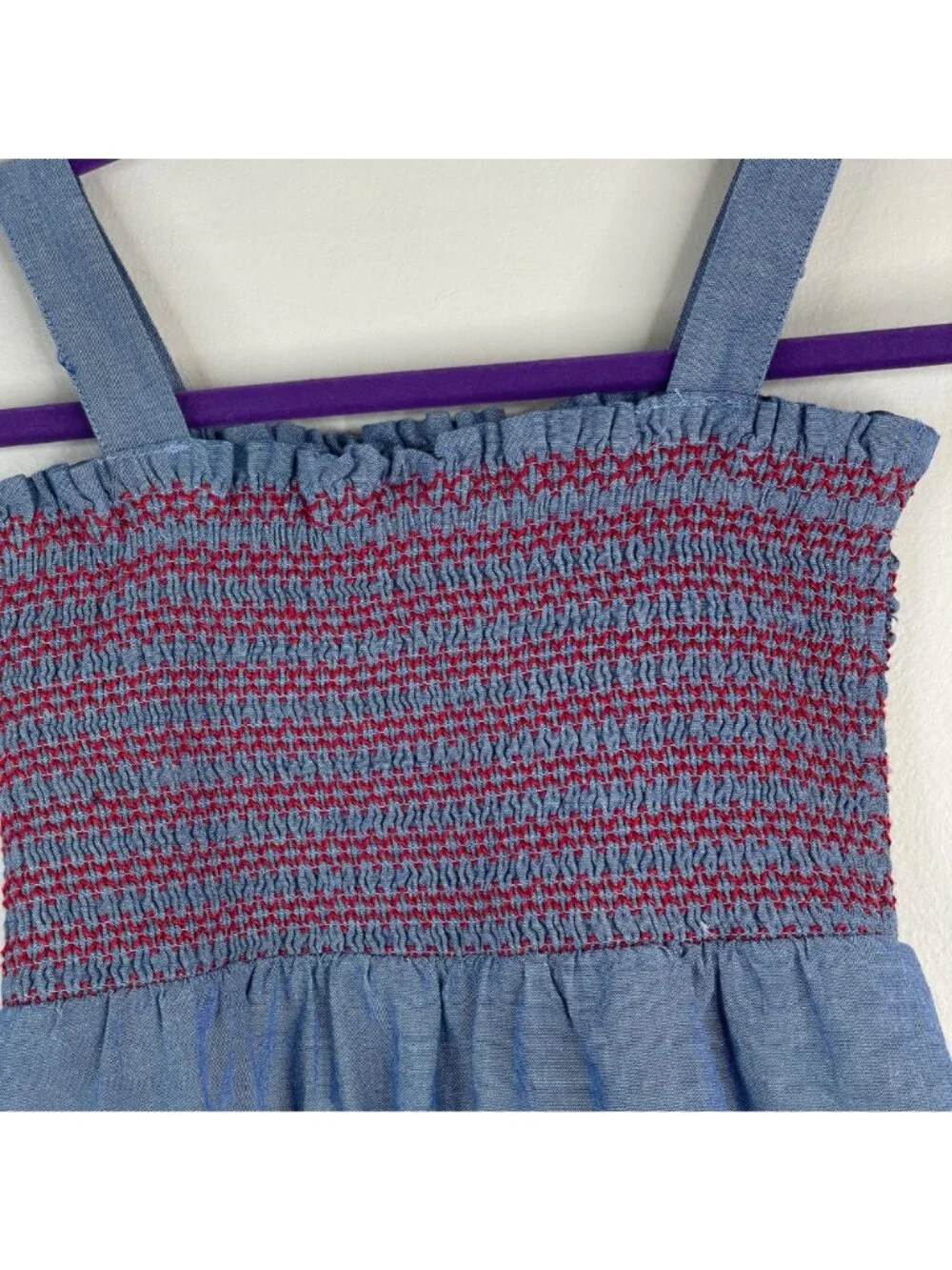 Gymboree Dress Girls 8 Strawberry Patch‎ Smocked Sundress Bow Strap Chambray